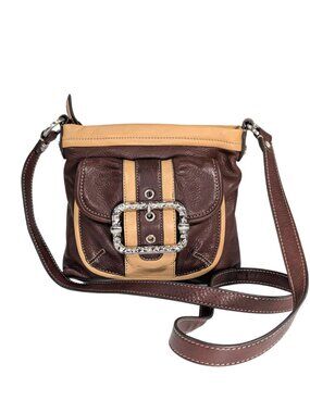 b.makowsky Brown Tan Leather Color Block Chunky Buckle Zip Crossbody w/Pockets